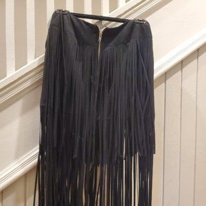 Hot & Delicious - Black Suede Fringe Skirt - Size Medium